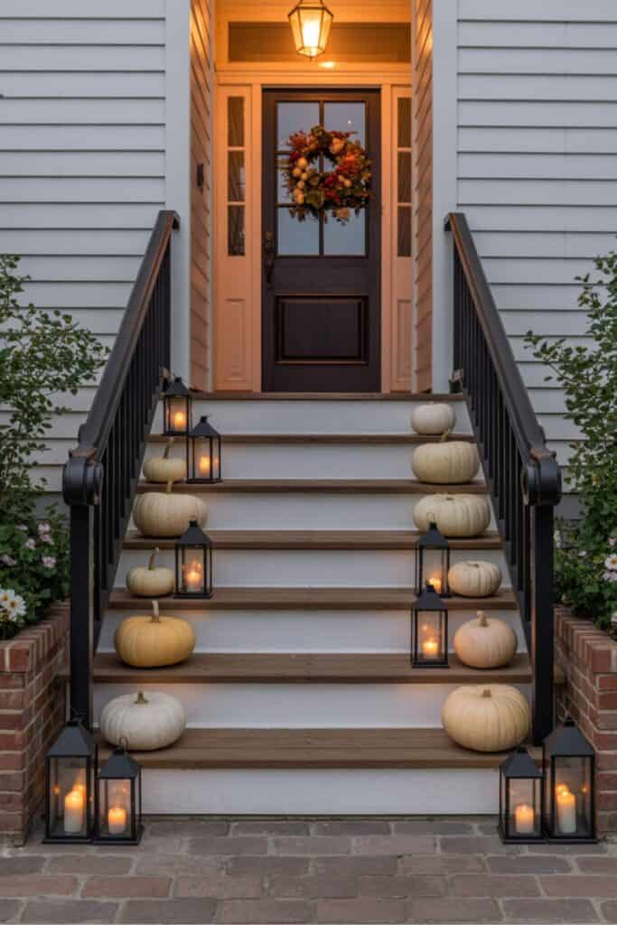 Front Porch Steps with Lanterns and White Pumpkins