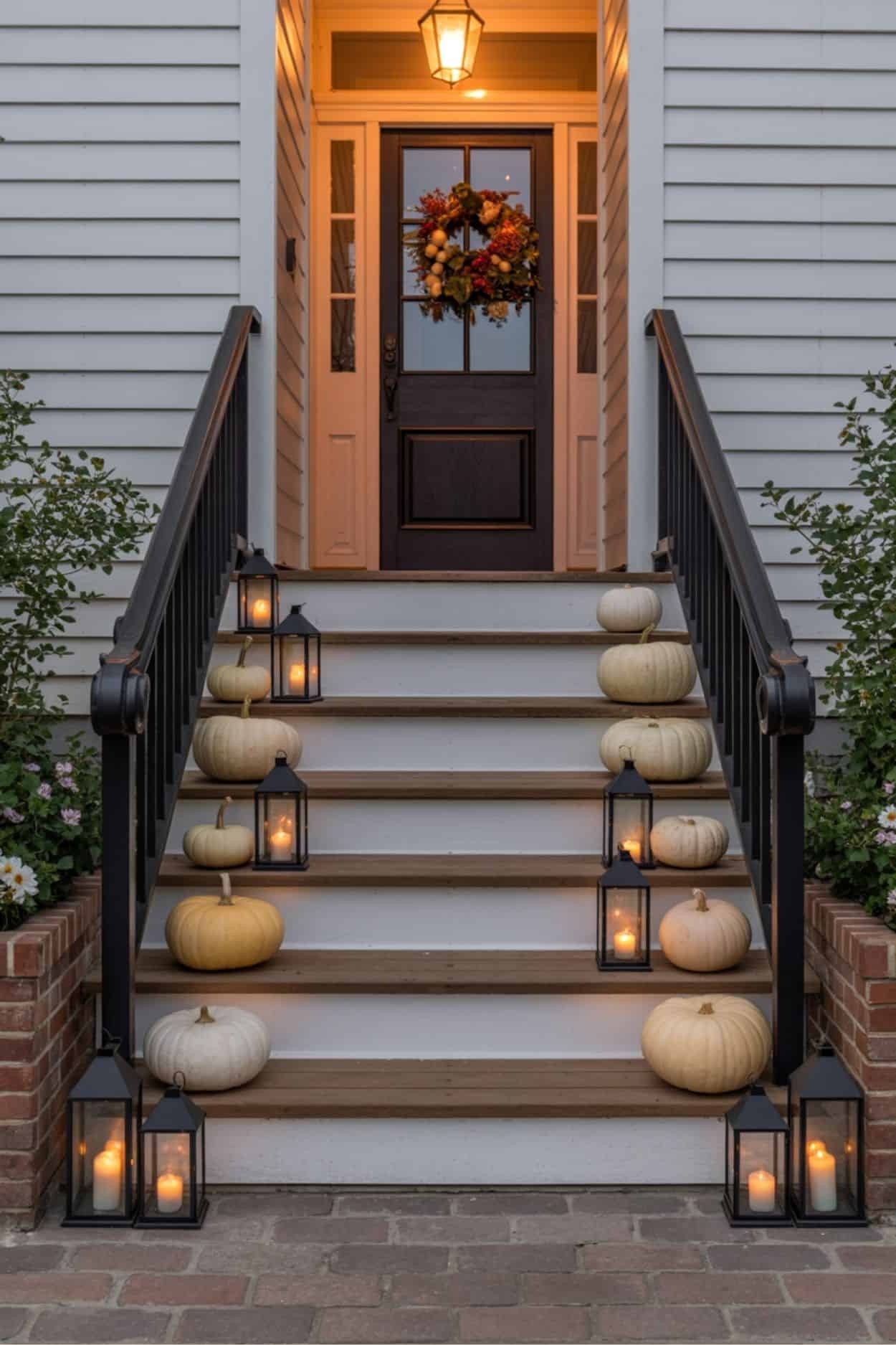 Front Porch Steps with Lanterns and White Pumpkins