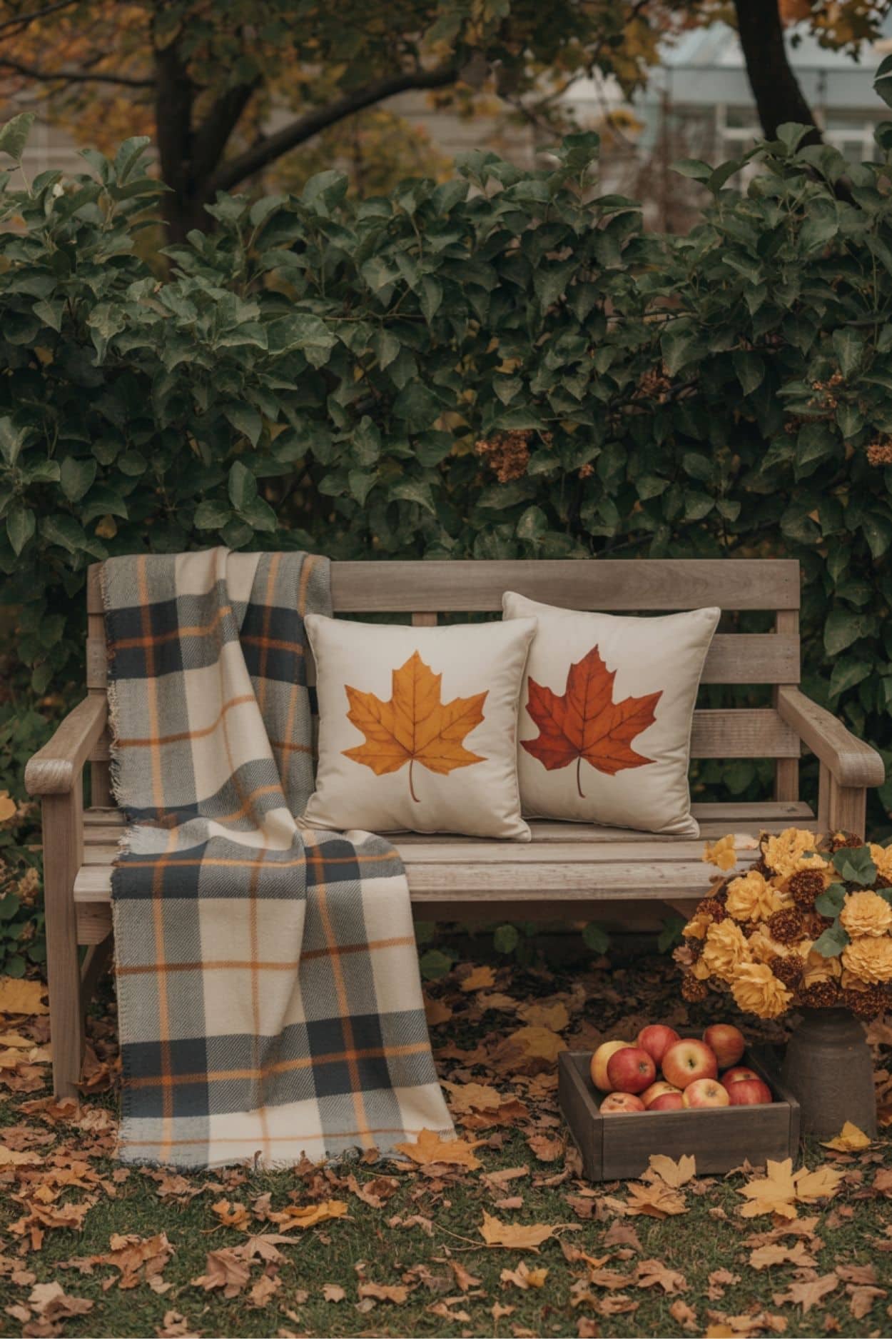 Leaf Pillow Bench with Fall Apples and Plaid