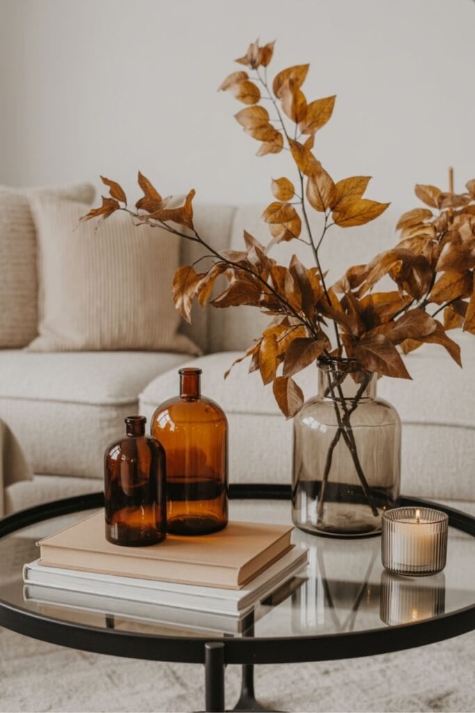 Minimal Fall Coffee Table with Amber Bottles and Dried Leaves