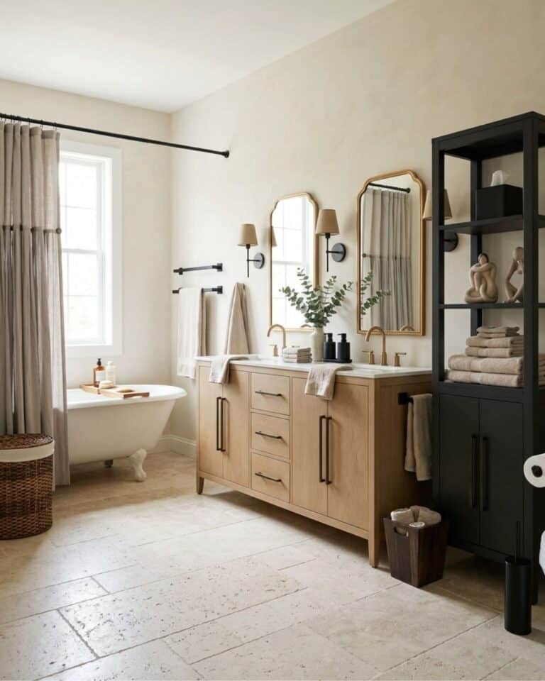 Modern Double Vanity Bathroom with Warm Wood and Black Tones