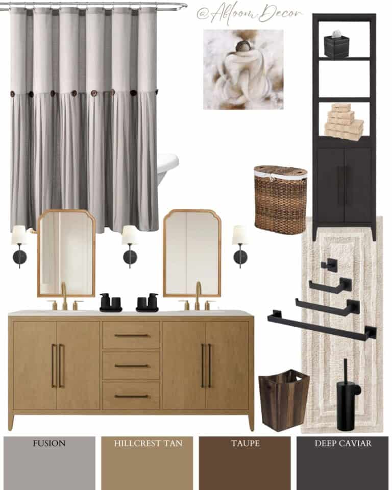 Modern Double Vanity Bathroom with Warm Wood and Black Tones