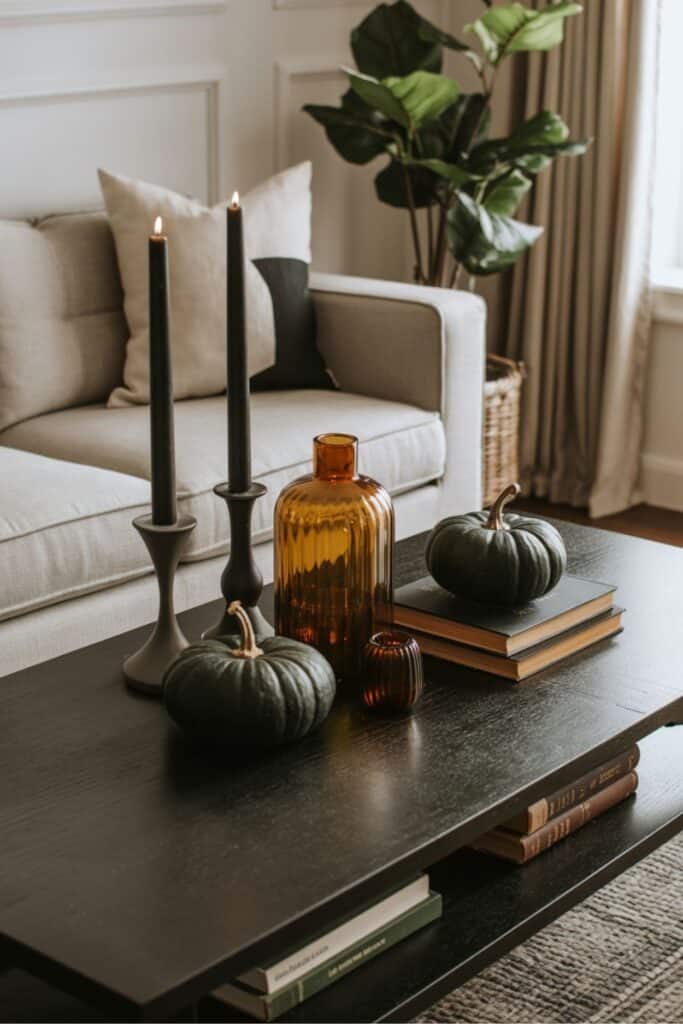 Moody Fall Coffee Table with Dark Pumpkins and Amber Accents