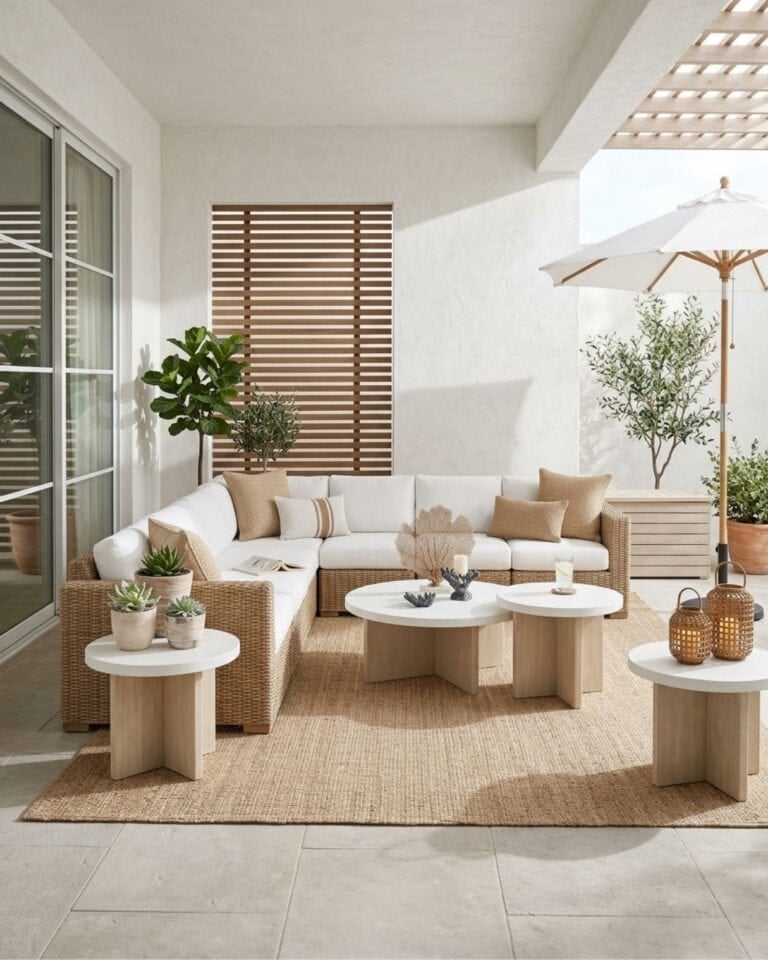 Neutral Backyard Patio Design with Wicker and Wood Accents