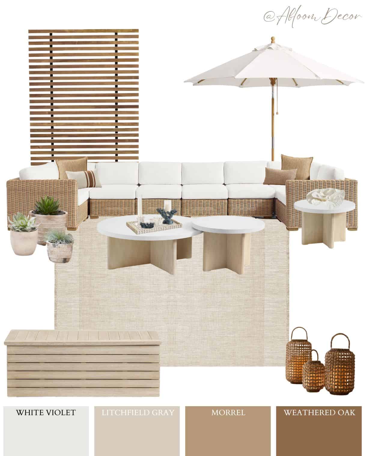 Neutral Backyard Patio Design with Wicker and Wood Accents