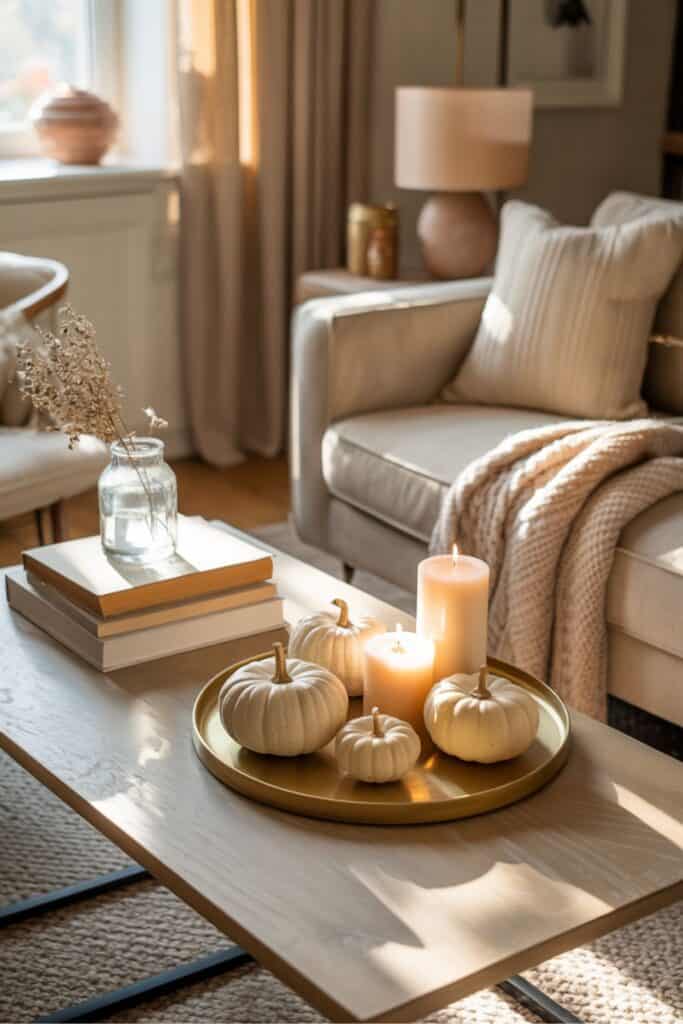 Neutral Fall Coffee Table with Candles and Pumpkins