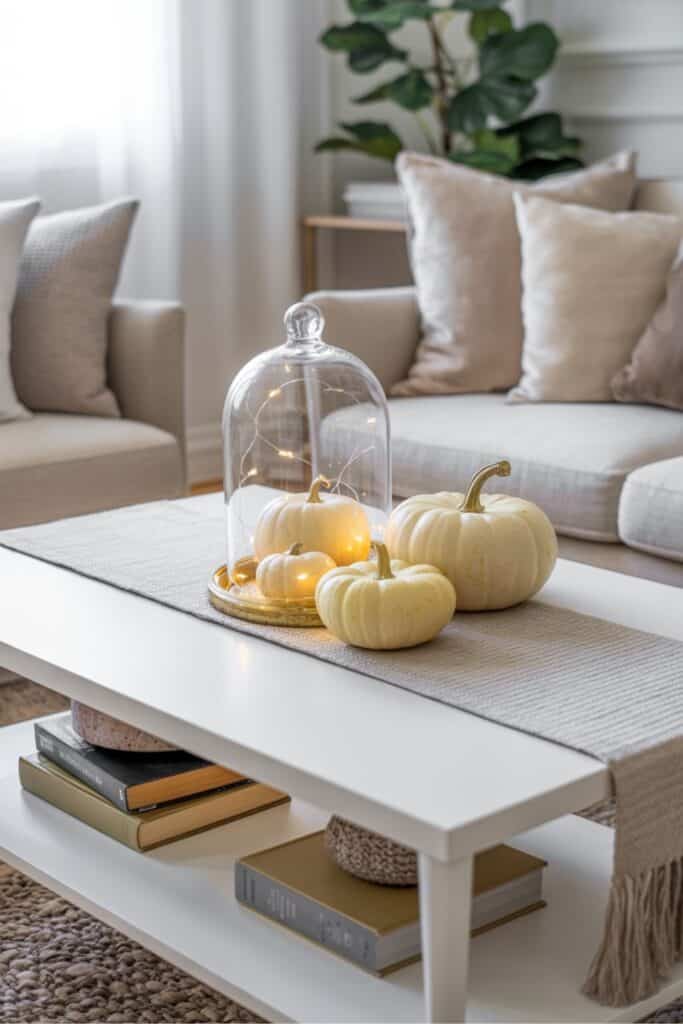 Neutral Fall Coffee Table with Pumpkins and Fairy Lights