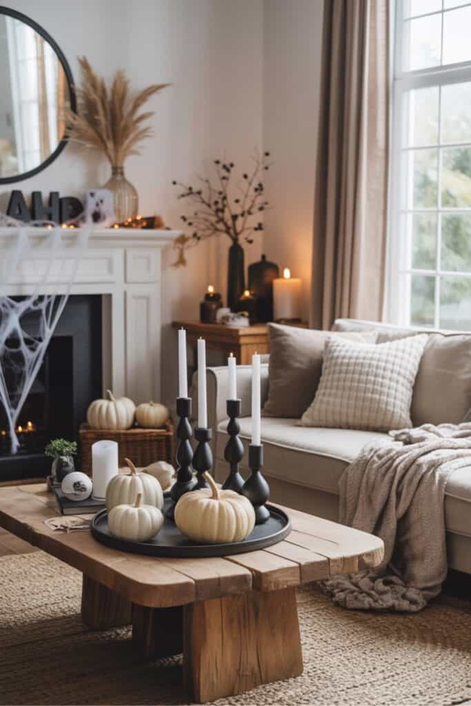 Neutral Halloween Living Room With Simple Pumpkin Decor