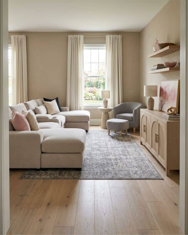 Neutral Living Room Design with Soft Pink and Blue Accents