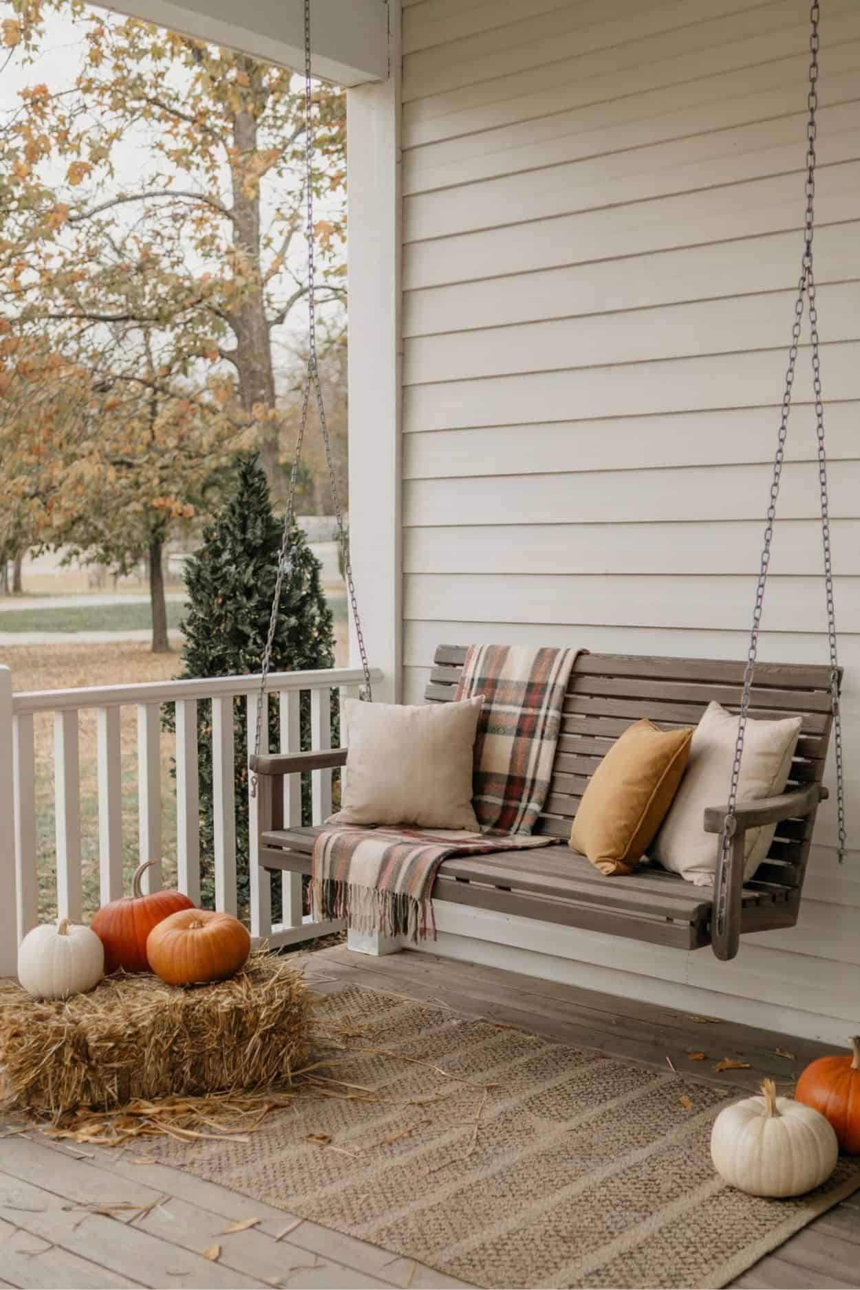Neutral Porch Swing with Fall Pillows and Pumpkins