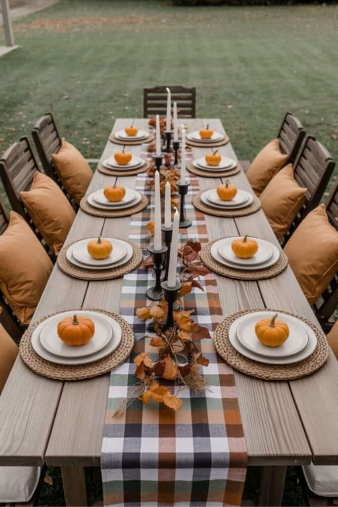 Outdoor Fall Tablescape with Mini Pumpkins