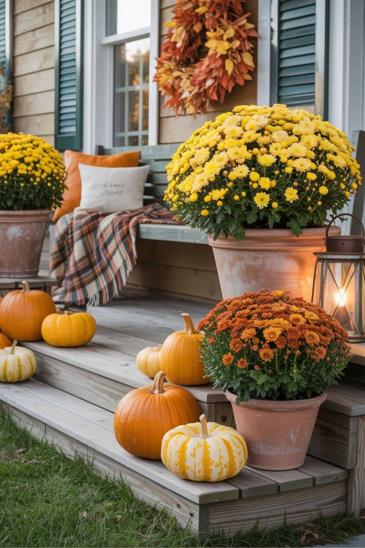 Porch Steps Decorated with Mums and Pumpkins