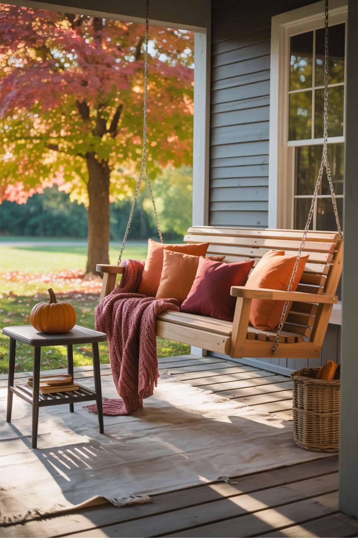 Porch Swing with Fall Pillows and a Cozy Throw
