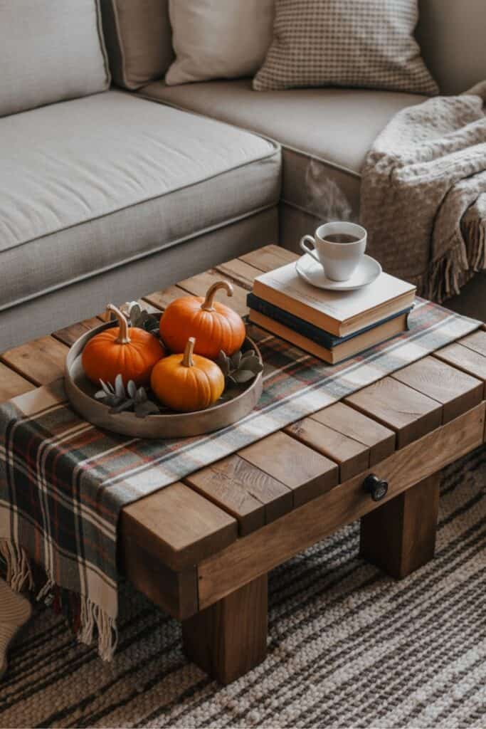 Rustic Fall Coffee Table with Pumpkins and Plaid Runner