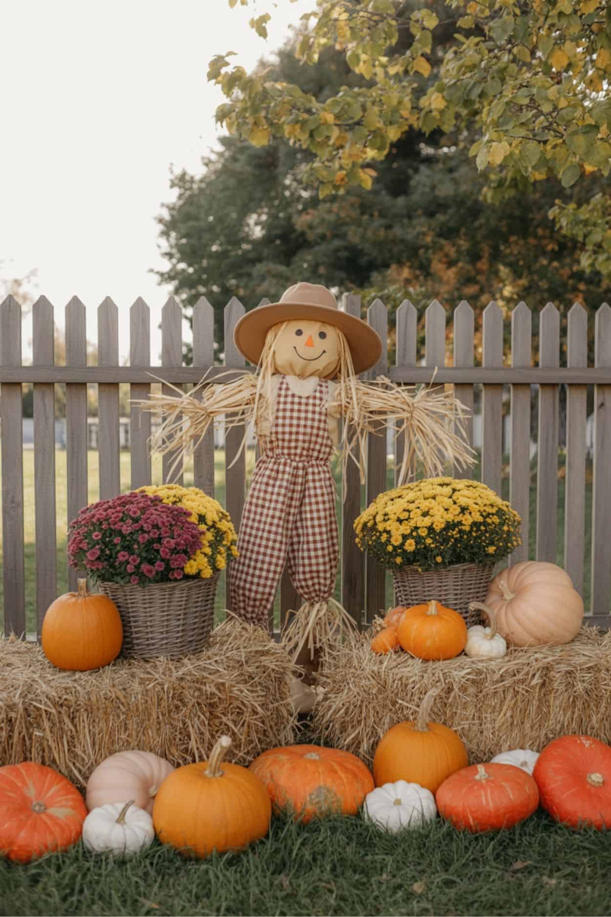 Scarecrow Display with Hay Bales and Pumpkins