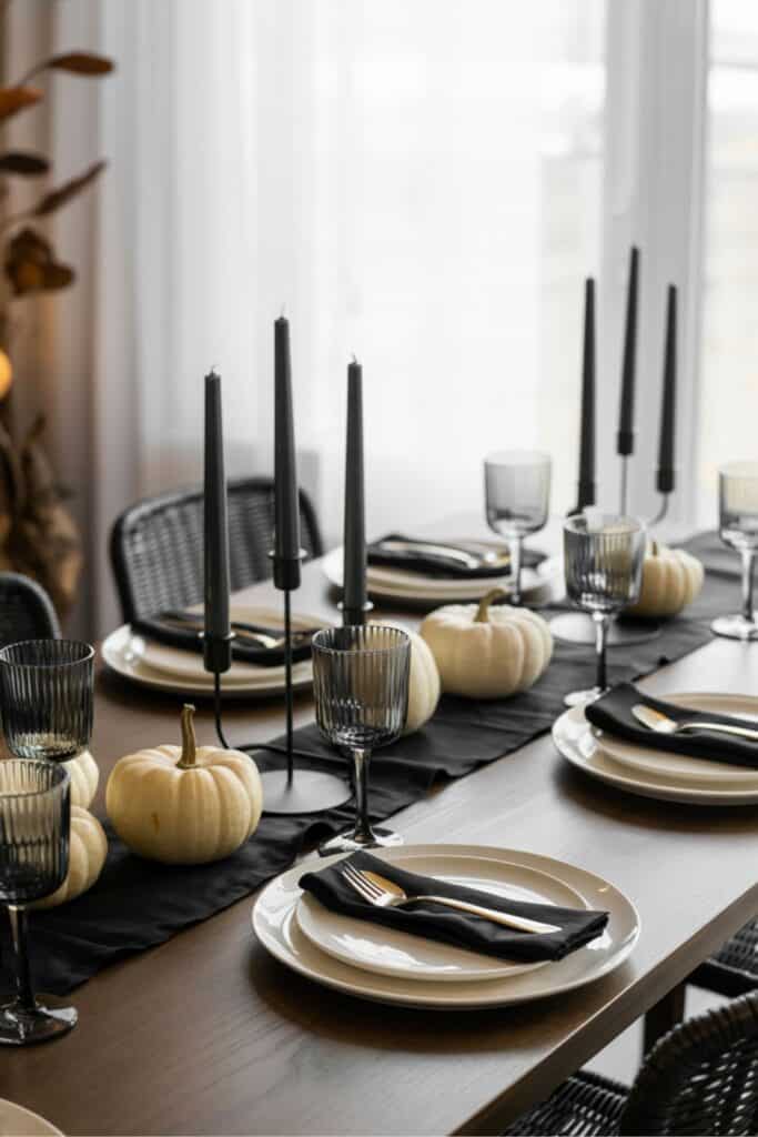Simple Black and White Halloween Tablescape