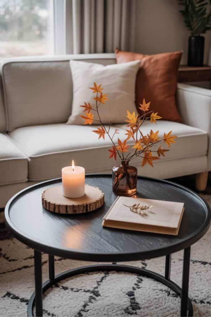 Simple Fall Coffee Table with Candle and Autumn Branches