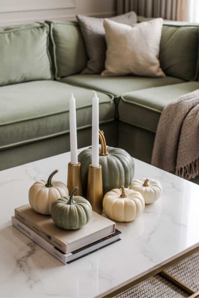 Simple Fall Coffee Table with Green and White Pumpkins