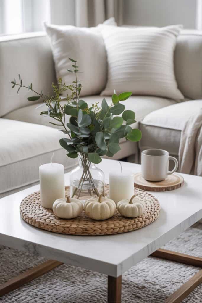 Simple Fall Coffee Table with Greenery and Pumpkins