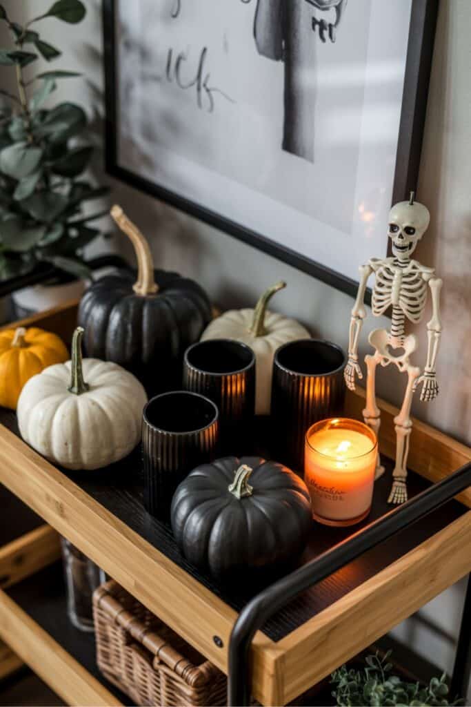 Simple Halloween Bar Cart With Pumpkins and Skeleton Decor