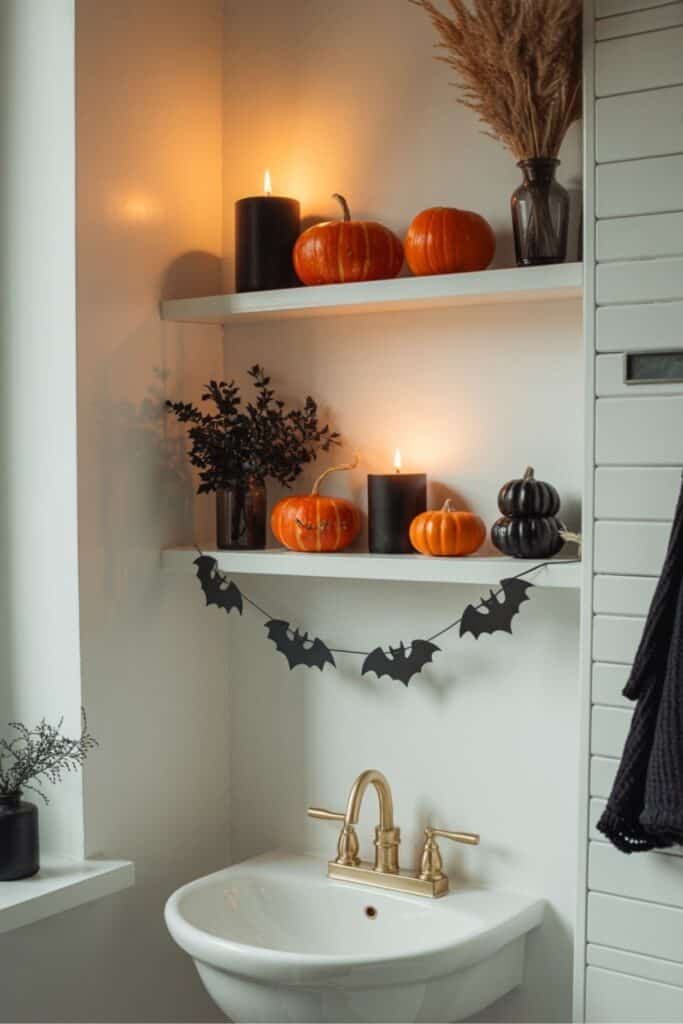 Simple Halloween Bathroom Shelf Decor With Pumpkins and Bats