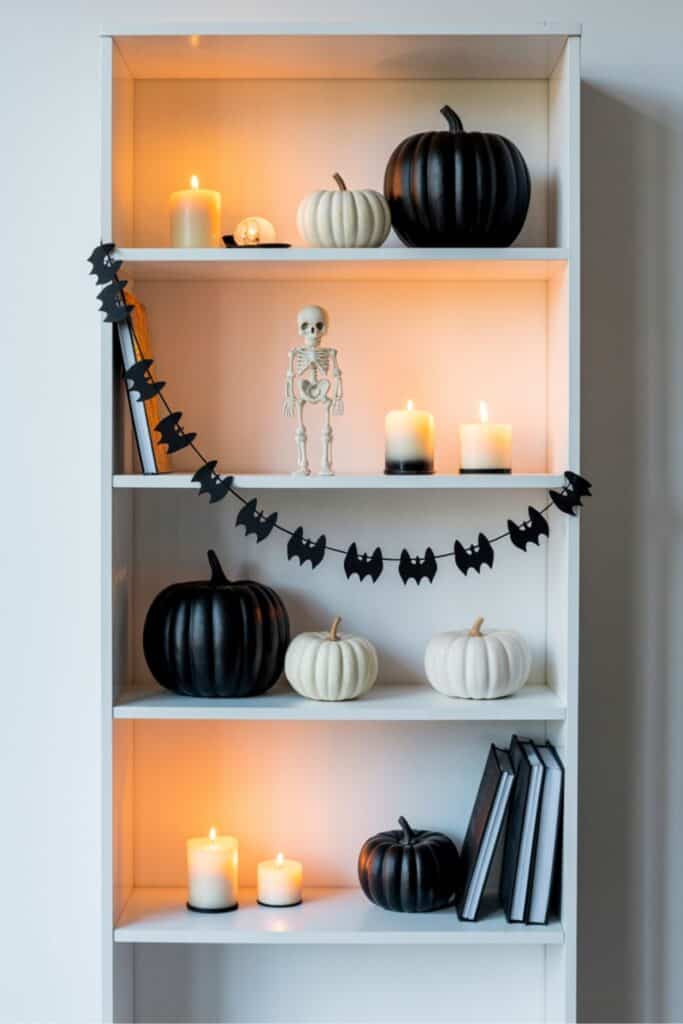 Simple Halloween Bookshelf Decor With Pumpkins and Bat Garland