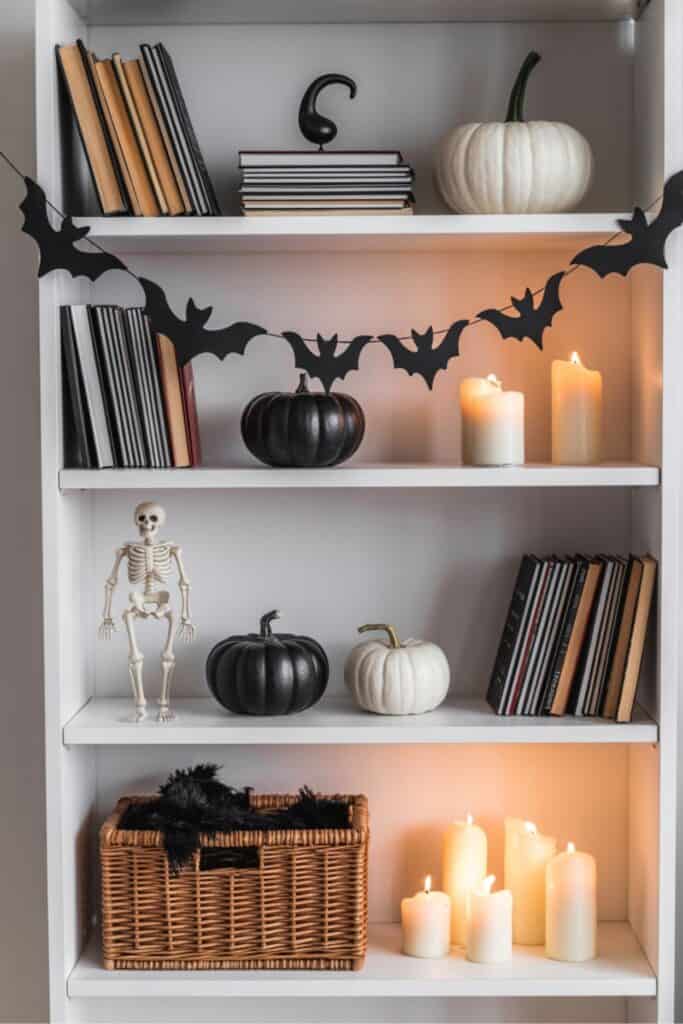 Simple Halloween Bookshelf Decor With Pumpkins and Bats