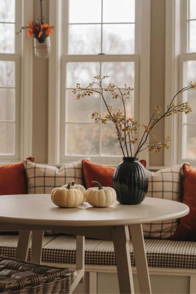 Simple Halloween Breakfast Nook With Pumpkins and Fall Accents