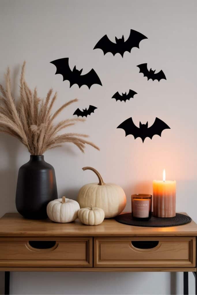 Simple Halloween Console Table With Pampas Grass and White Pumpkins