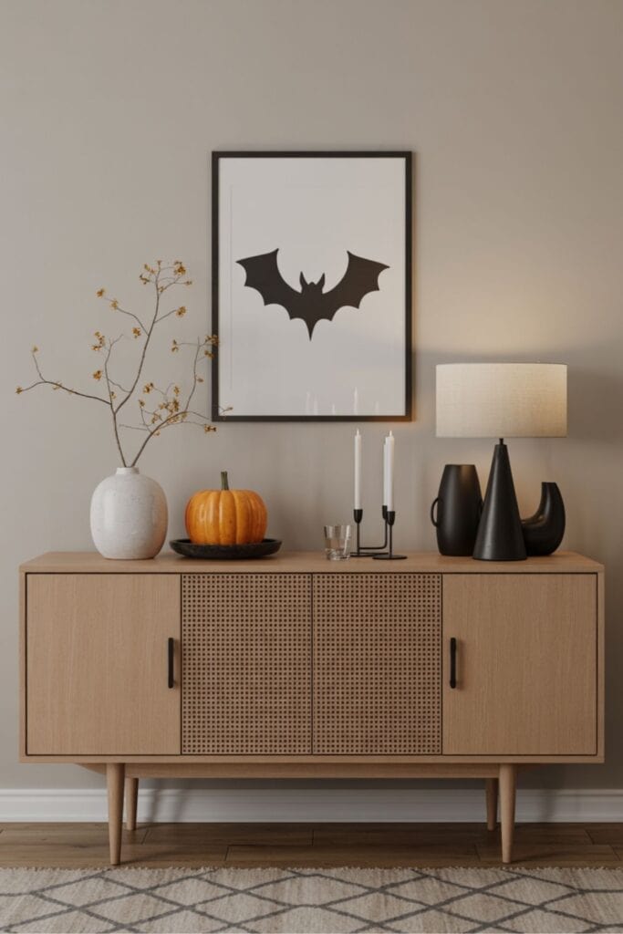 Simple Halloween Console Table With Pumpkin and Bat Art