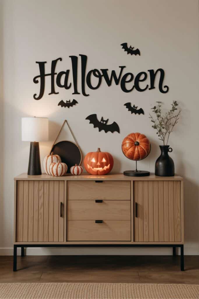 Simple Halloween Console Table With Pumpkins and Wall Decor