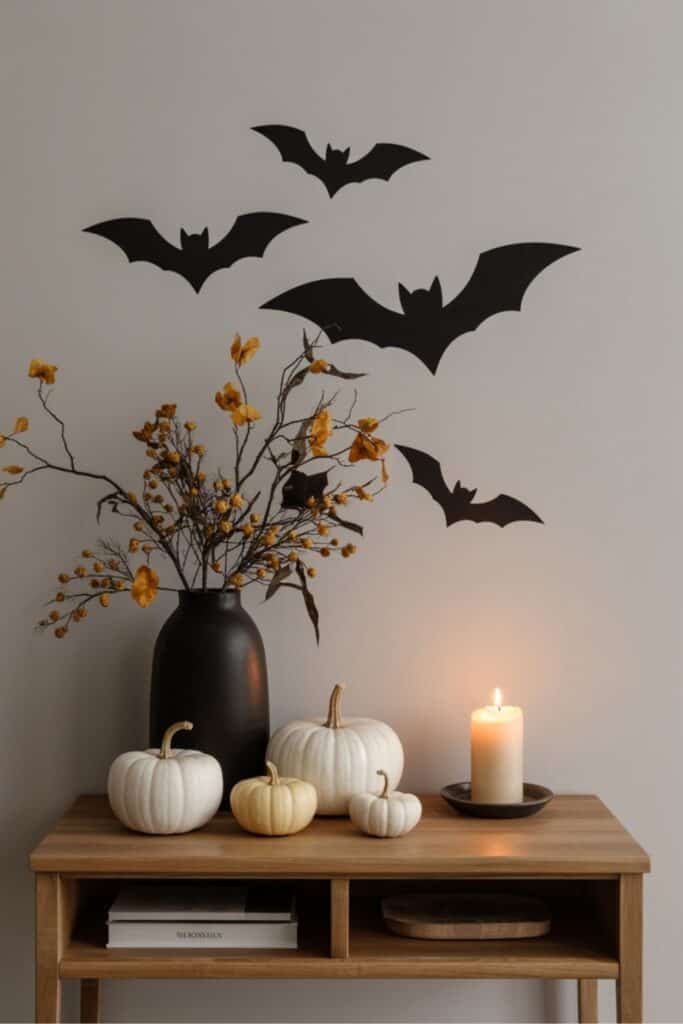 Simple Halloween Console Table With White Pumpkins and Bat Wall