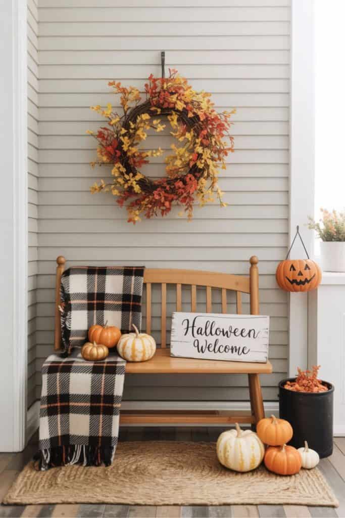 Simple Halloween Front Porch with Pumpkins and Fall Wreath