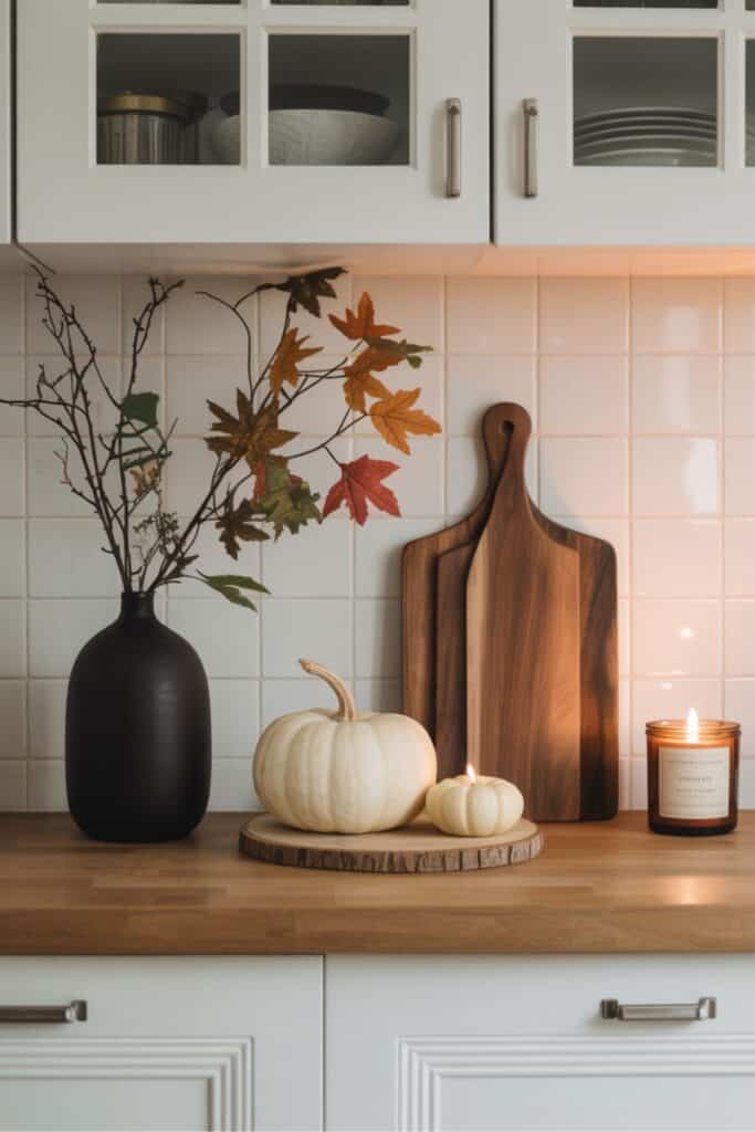 Simple Halloween Kitchen Counter Decor With Pumpkins and Candle