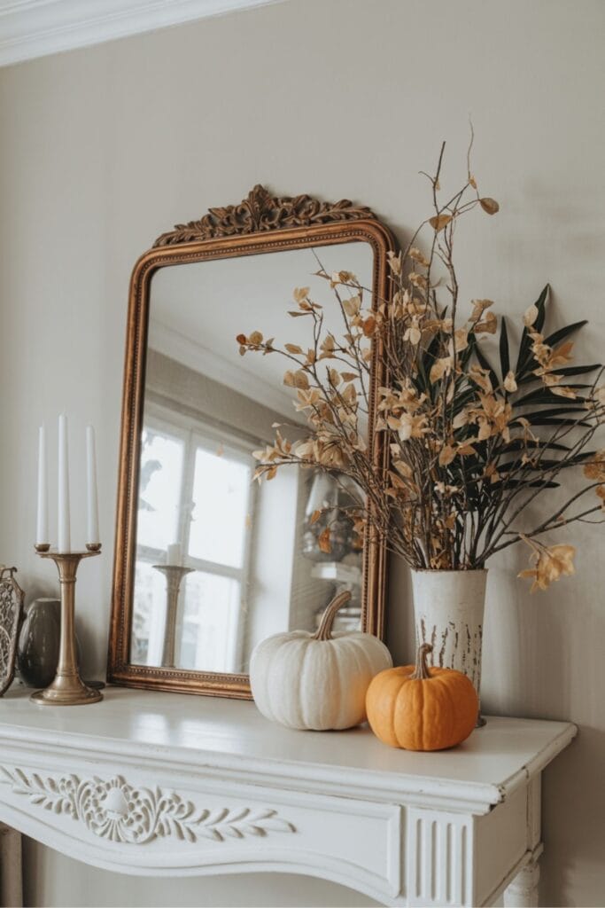 Simple Halloween Mantel Decor With Pumpkins and Gold Mirror