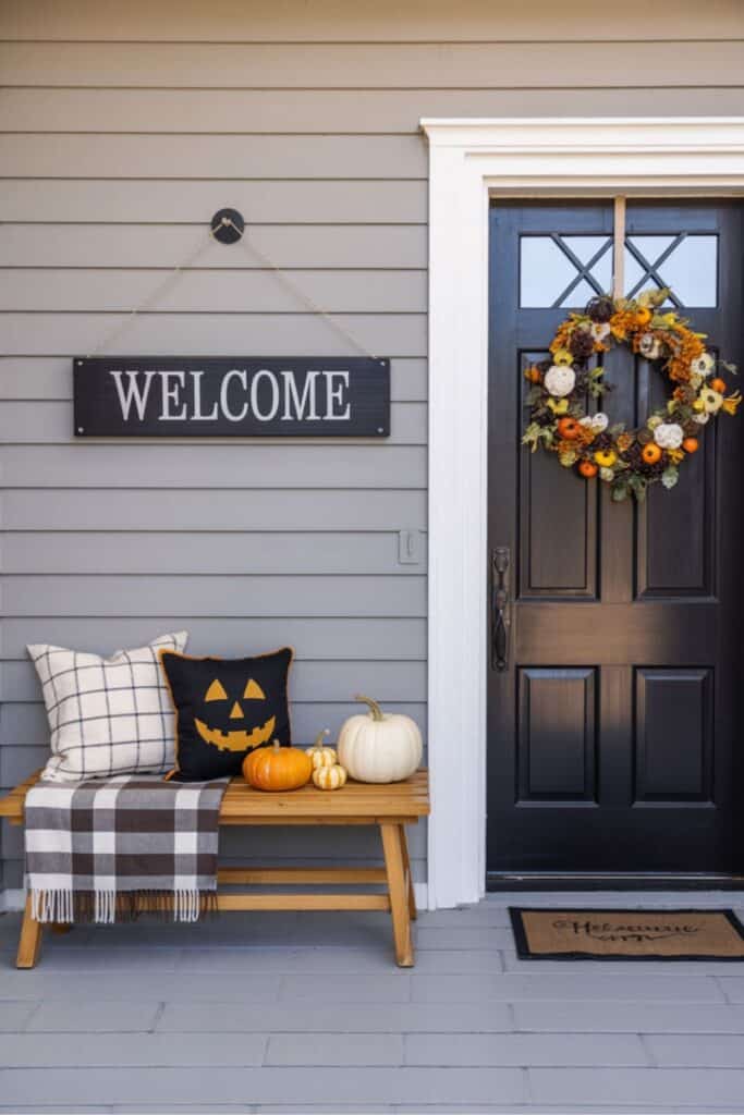 Simple Halloween Porch With Pumpkin Pillow and Fall Wreath