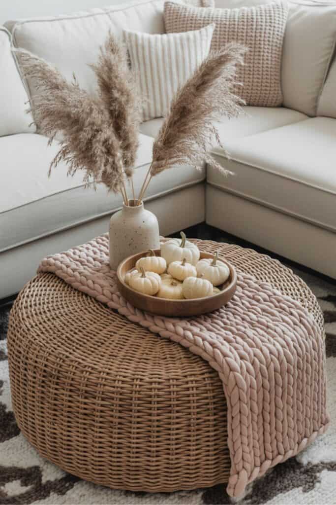 Soft Fall Coffee Table with Pampas Grass and White Pumpkins