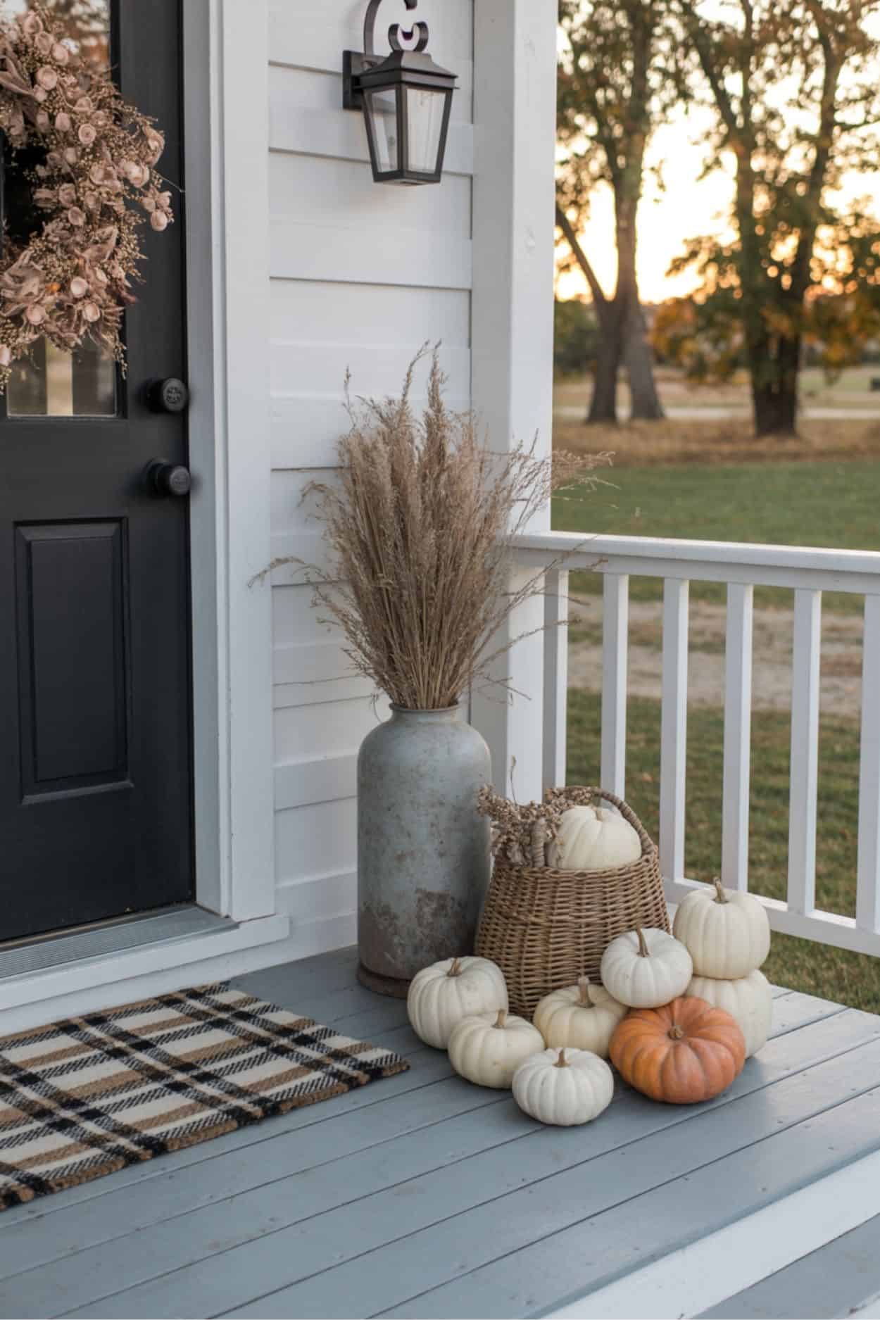 Soft Neutral Porch Corner with White Pumpkins