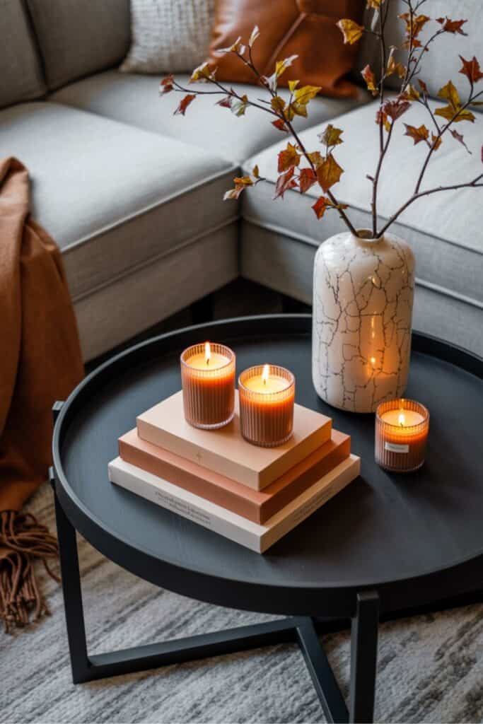 Warm Fall Coffee Table with Candles and Autumn Branches