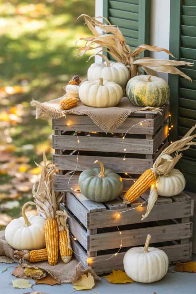 Wooden Crate Fall Display with Pumpkins and Corn