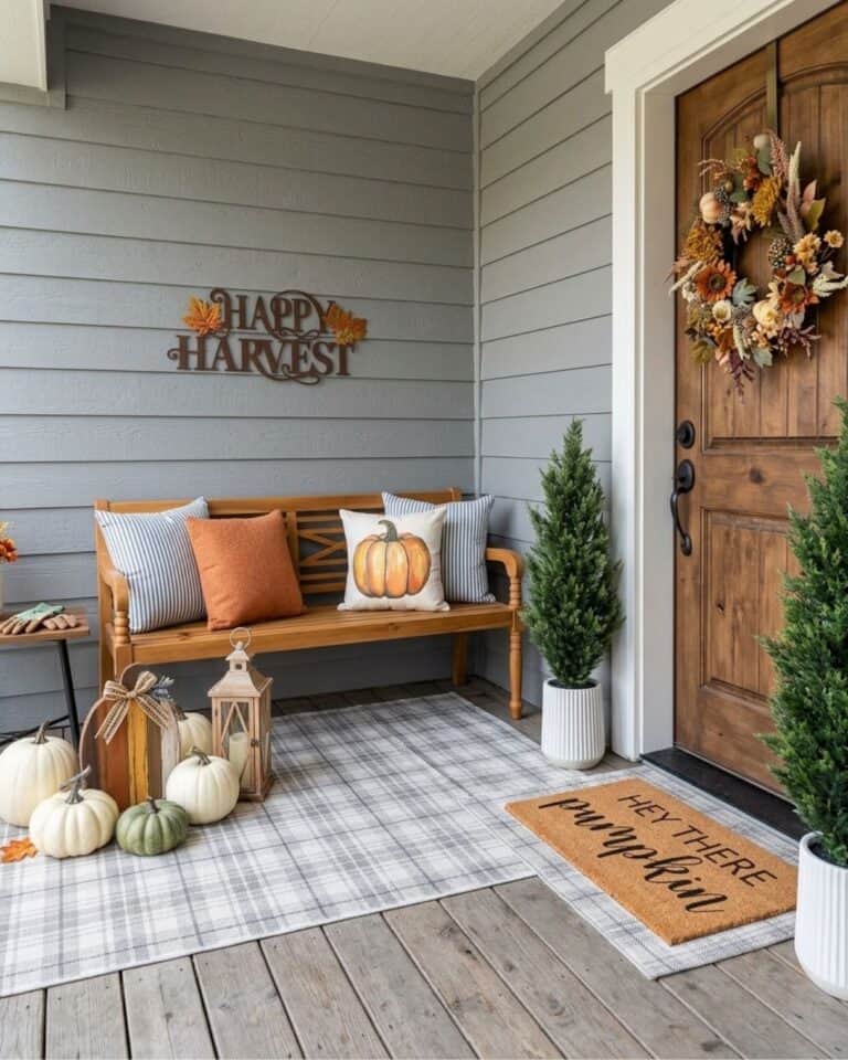 Fall Front Porch Mood Board with Pumpkins and Pillows