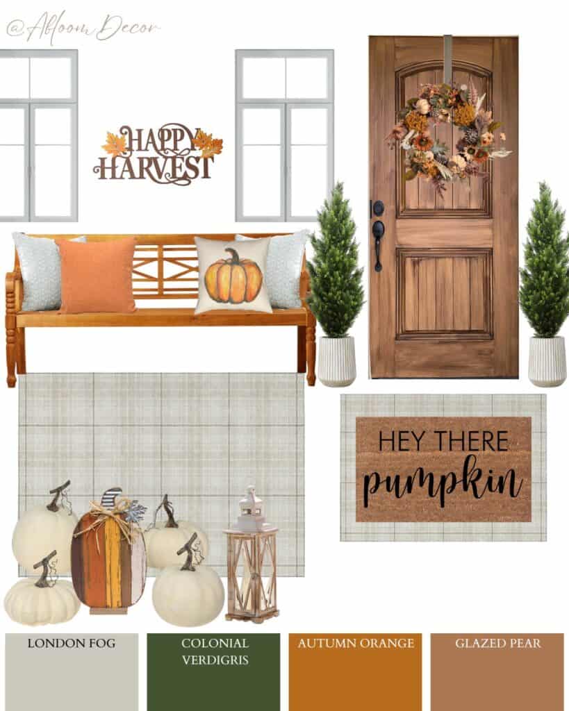 Fall Front Porch Mood Board with Pumpkins and Pillows