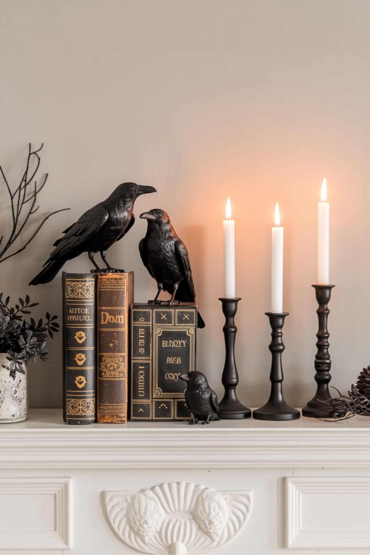 antique books with spooky crows