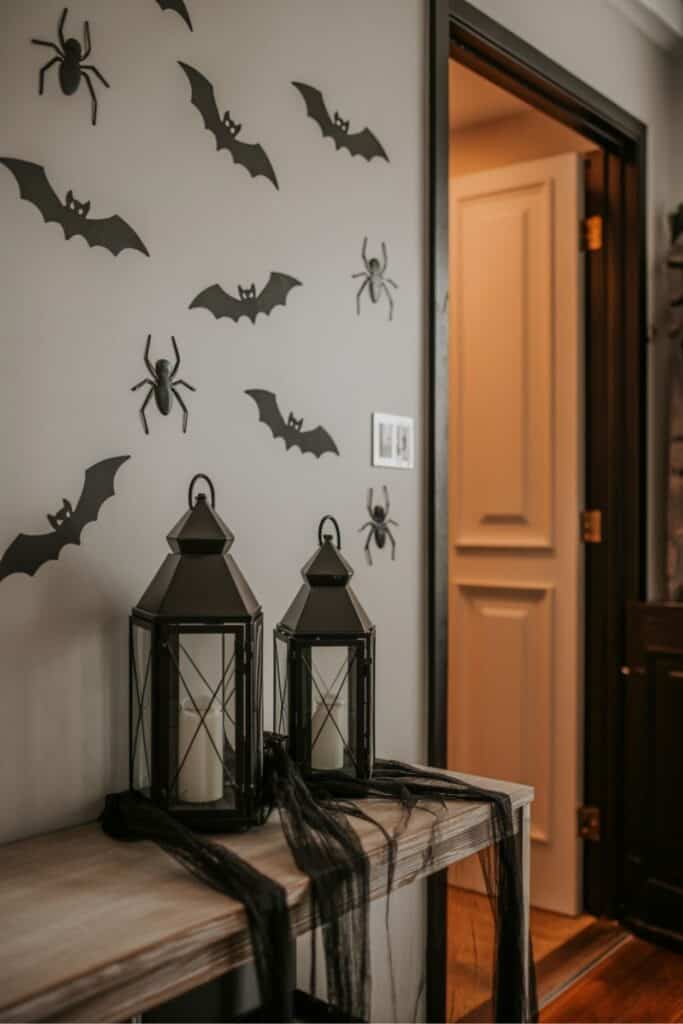 black fabric draped on entryway table for halloween