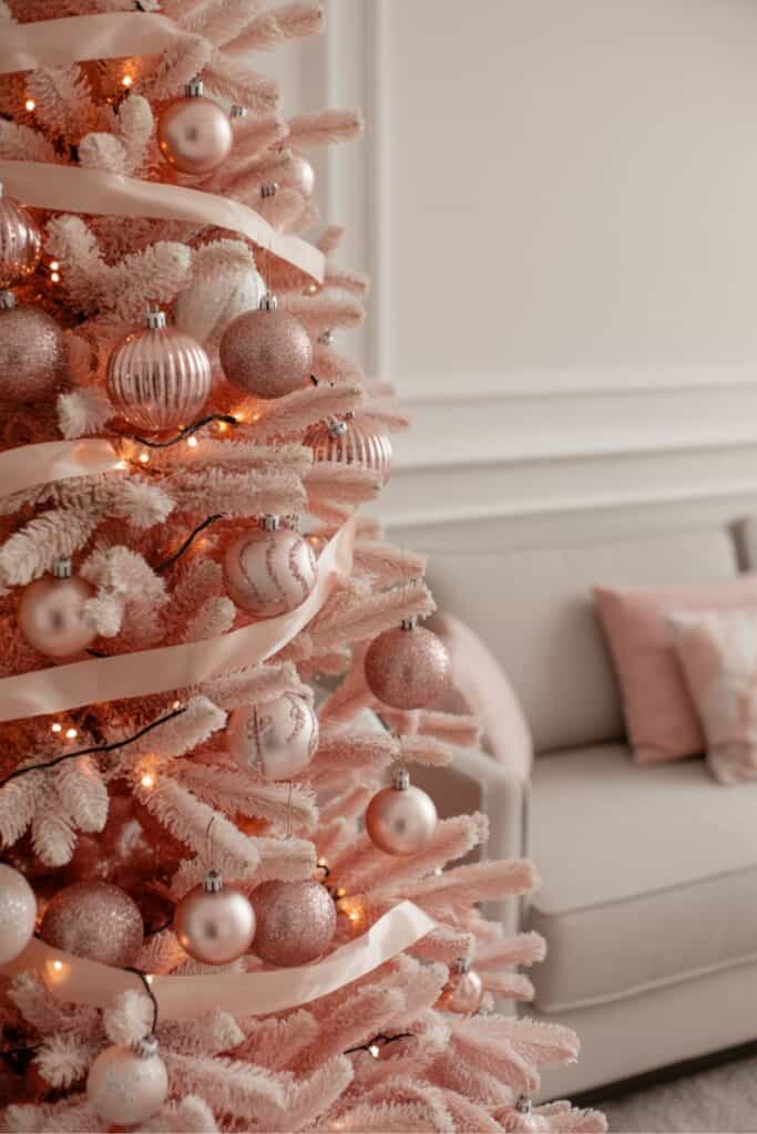 Blush Pink Christmas Tree with Ribbon and Ornaments