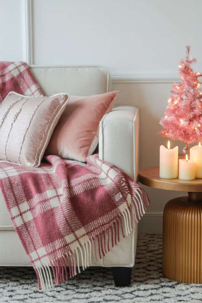 Cozy Pink Christmas Living Room Corner