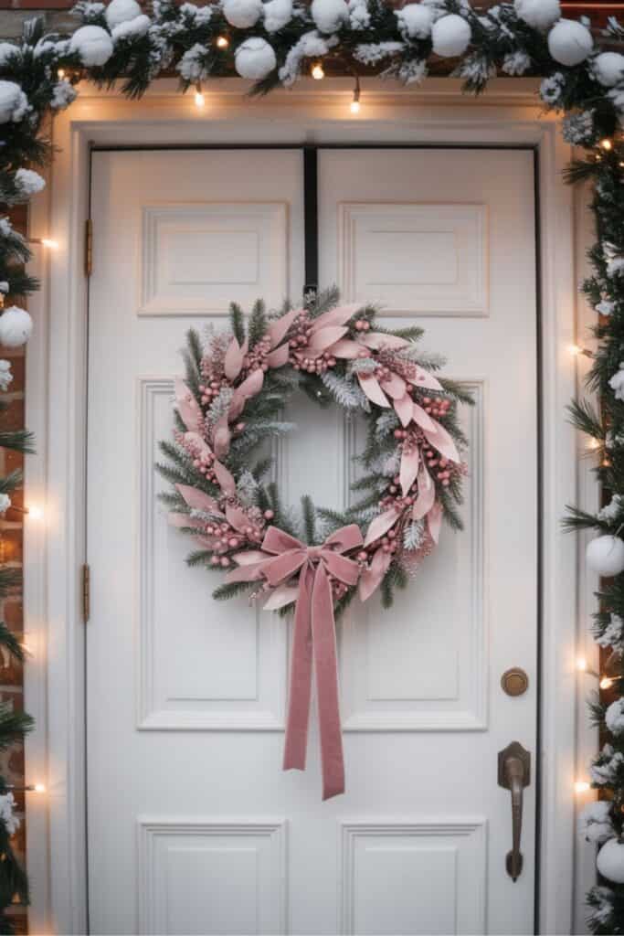 Flocked Christmas Wreath with Pink Velvet Bow
