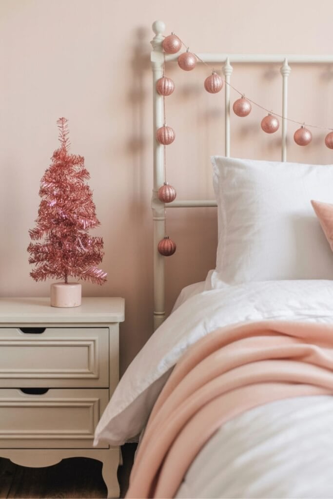 Pink Christmas Bedroom Decor with Mini Tree and Garland