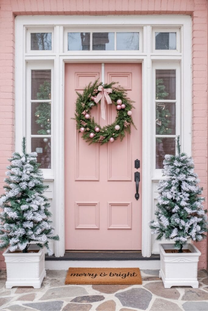 Pink Christmas Front Door with Wreath and Flocked Trees