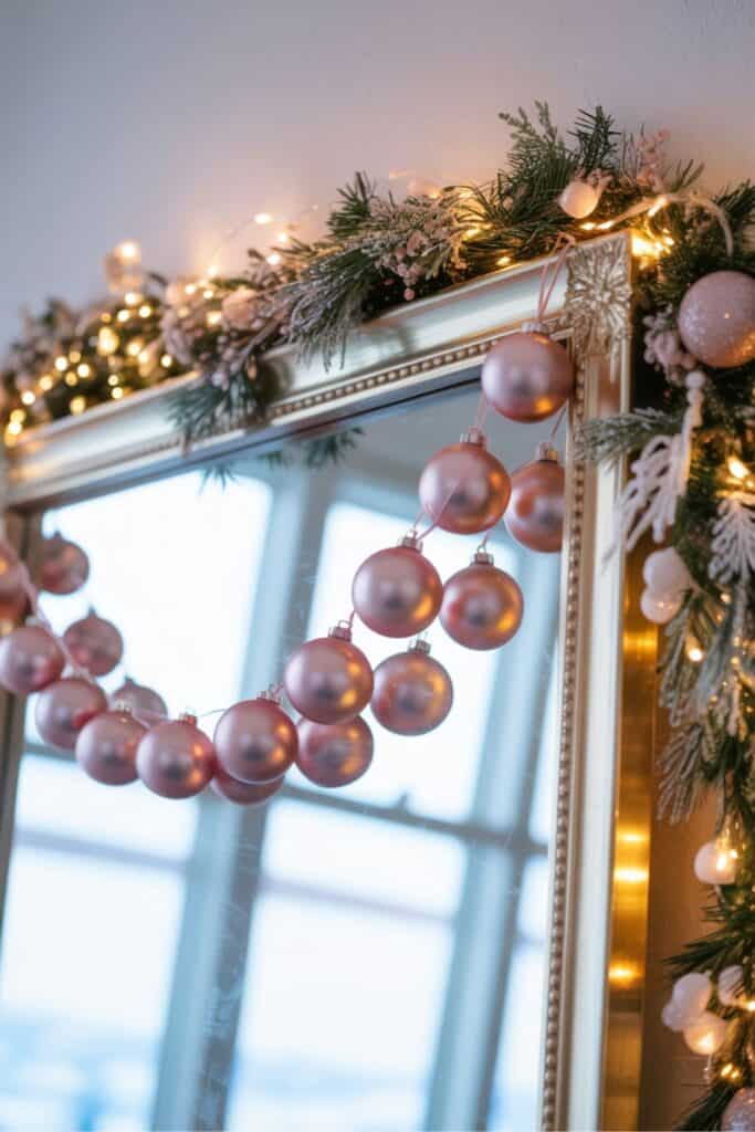 Pink Ornament Garland Draped Over a Gold Mirror